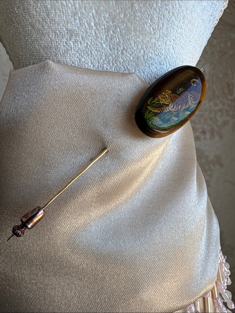 Hand-Painted Vintage Tiger Stick Pin Brooch in Brown and Green